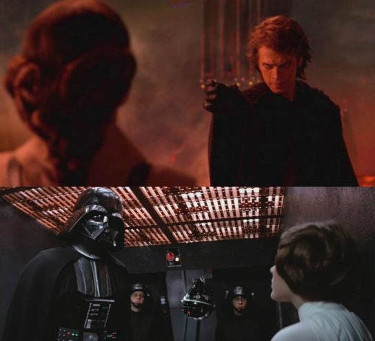 Anakin chokes Padme in ROTS after calling her a --liar-- and traitor. A movie later he is also torturing his --traitorous-- daughter, albeit with a droid. The position of Anakin and the women is reverse