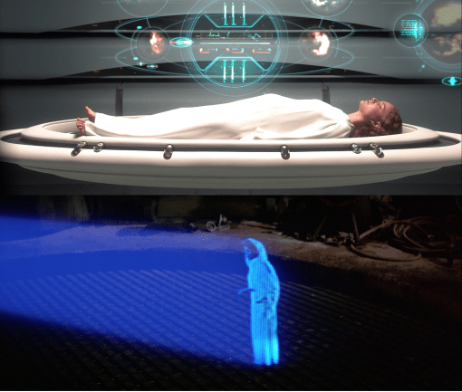 Padme's death bed with the blue-tinted projections over her. Below is Leia in the hologram, which is also blue-coloured. Both are fixed in their respective positions and both wear white.