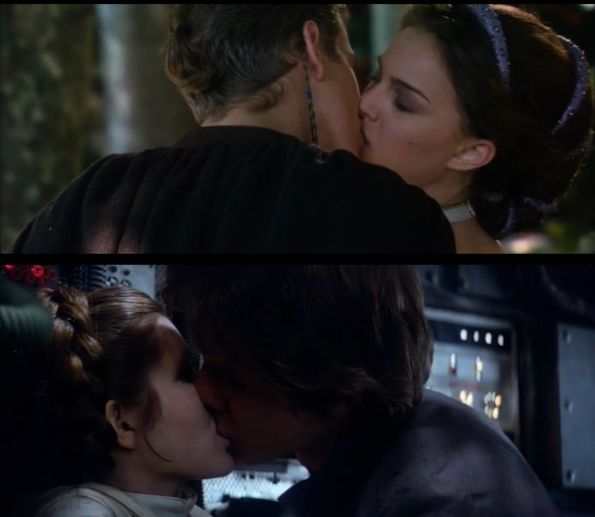 Padme and Leia's first kiss with the men they love. Do note that Leia kisses Luke previously and Padme admits to having had a previous boyfriend during a latter scene with Anakin.