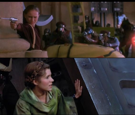 Padme leads the Naboo into the palace to capture Nute Gunray while Leia leads the Rebels on Endor to shut down the Death Star Shield.