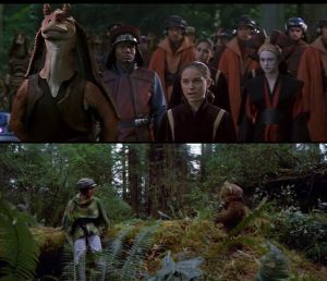 Padme (right) with uniting Gungan (left) while Leia is with Uniting Ewok on opposing sides of frame