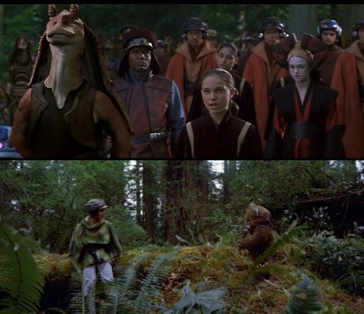 Padme (right) with uniting Gungan (left) while Leia is with Uniting Ewok on opposing sides of frame